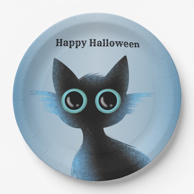 Halloween Big Eyes Black Blue Evil Cat Pappteller (Vorderseite)