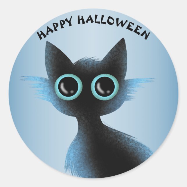 Halloween Big Eyes Black Blue Evil Cat Runder Aufkleber (Vorderseite)