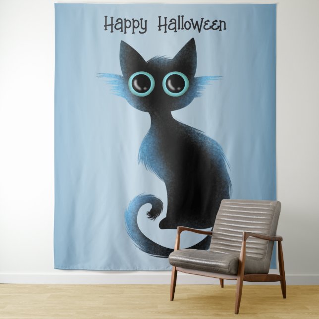 Halloween Big Eyes Black Blue Evil Cat Wandteppich (Beispiel)
