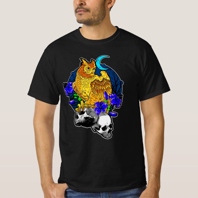 Halloween Bird Blue Flowers mit Skulls Moon T T-Shirt (Vorderseite)
