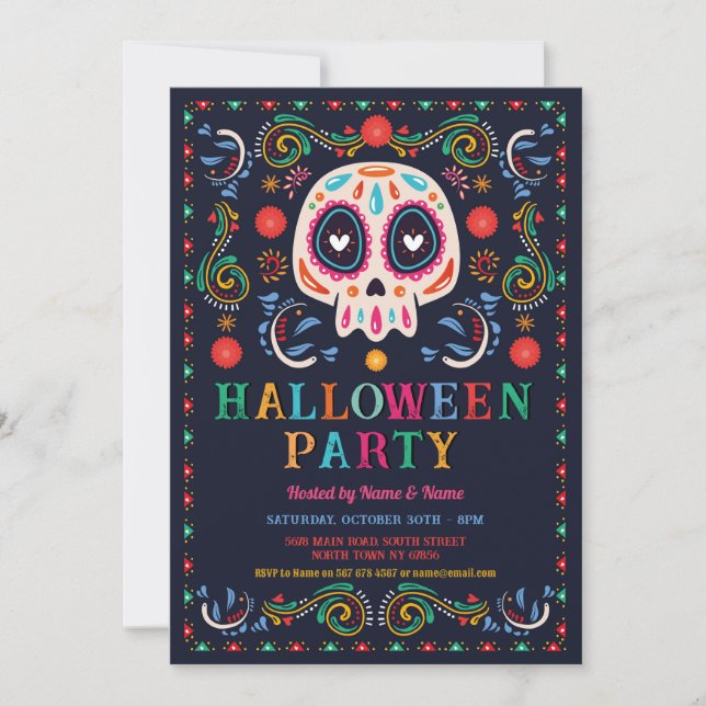 Halloween Birthday Sugar Skull Fiesta mexikanisch Einladung (Vorderseite)