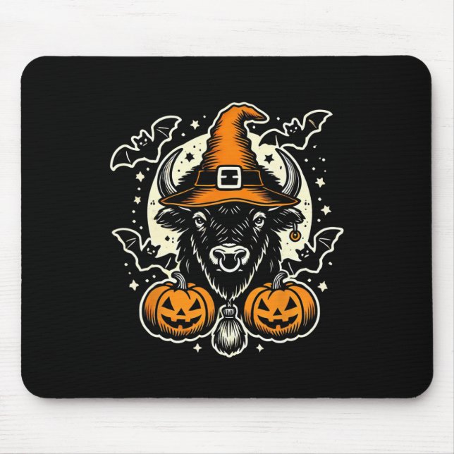 Halloween Bison Spooky Hexenhut und Pumpkins Art Mousepad (Vorne)