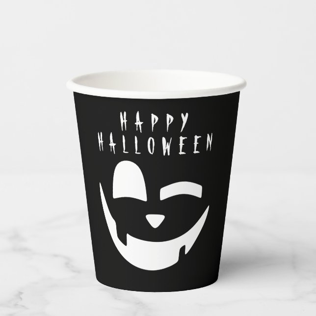 Halloween Black and White Pumpkin Happy Face Pappbecher (Vorderseite)