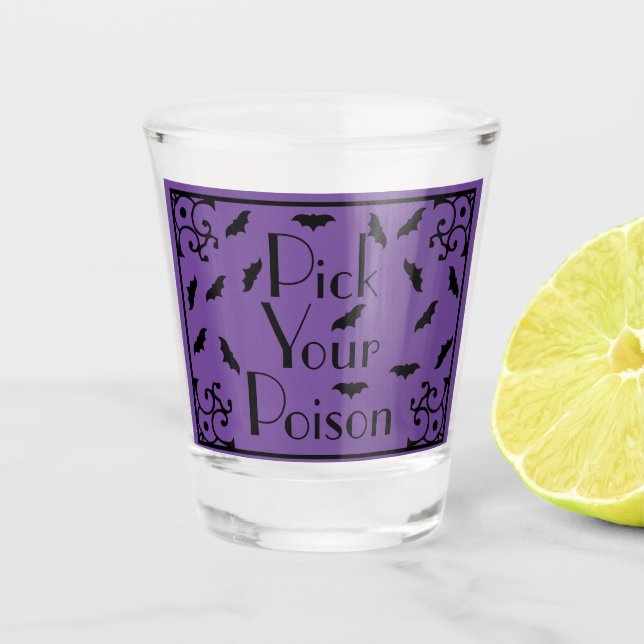 Halloween Black Bats Pick Your Poison Schnapsglas (Vorderseite)