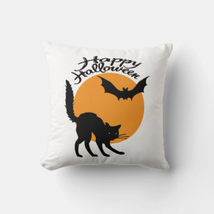 Halloween Black Cat and bat with moon, halloween Kissen