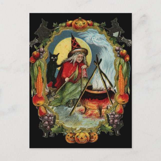 Halloween Black Cat and Hexe Postkarte (Vorderseite)