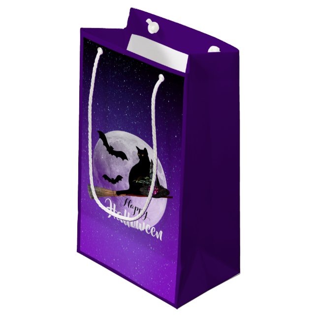 Halloween Black Cat auf Broom Full Moon Kleine Geschenktüte (Vorderseite Schrägansicht)