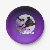 Halloween Black Cat auf Broom Full Moon