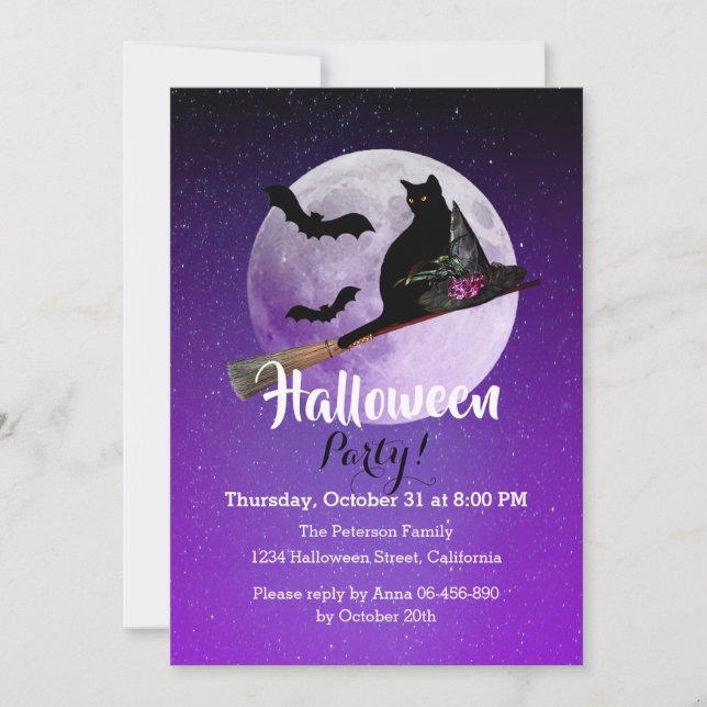 Halloween Black Cat auf Broom Full Moon Party Einladung (Vorderseite)