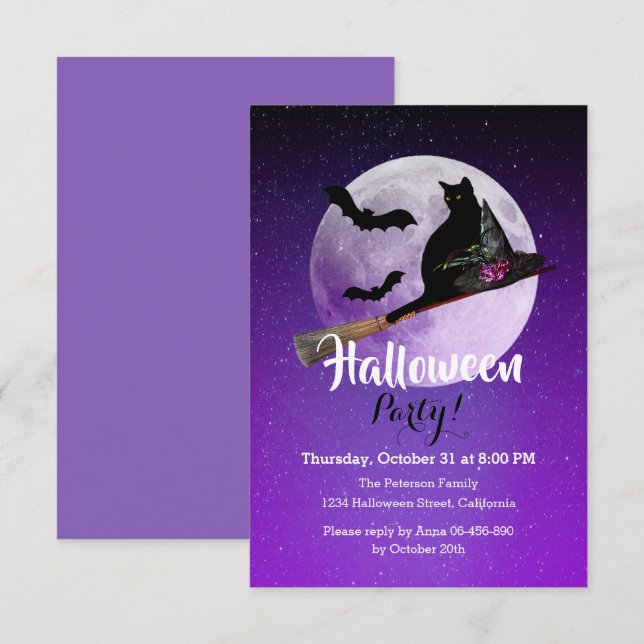 Halloween Black Cat auf Broom Full Moon Party Einladung (Vorne/Hinten)