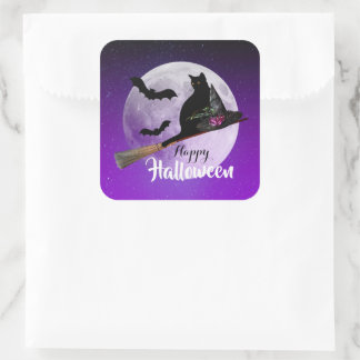 Halloween Black Cat auf Broom Full Moon Quadratischer Aufkleber