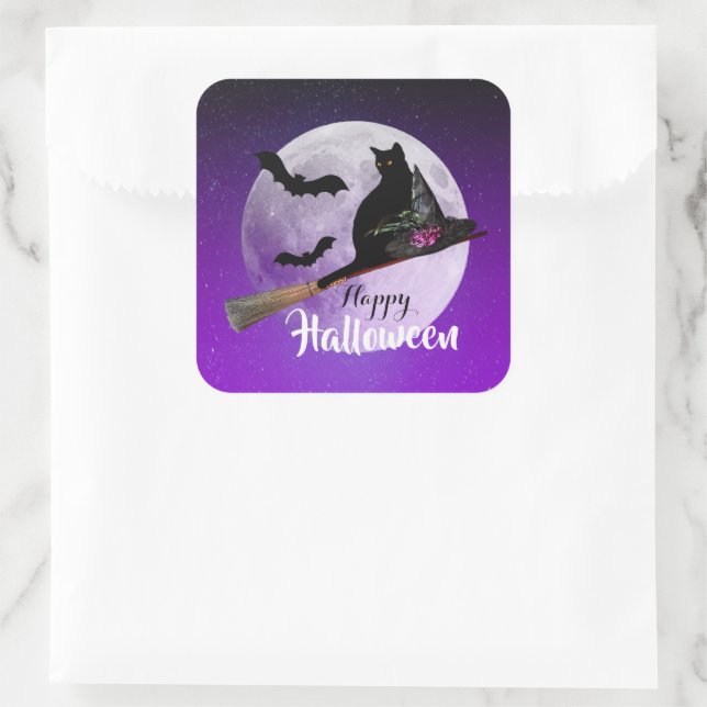 Halloween Black Cat auf Broom Full Moon Quadratischer Aufkleber (Tasche)