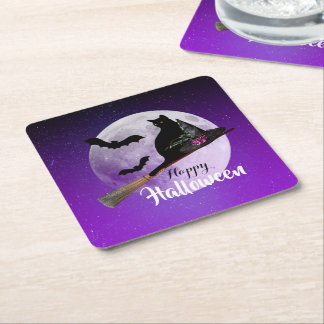 Halloween Black Cat auf Broom Full Moon Rechteckiger Pappuntersetzer
