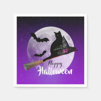 Halloween Black Cat auf Broom Full Moon Serviette
