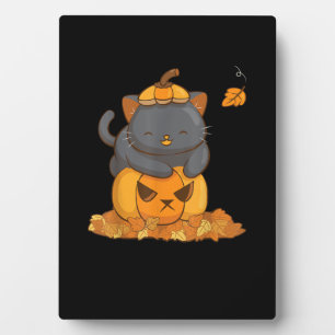Halloween Black Cat auf Pumpkin mit Autumn Leaves Fotoplatte