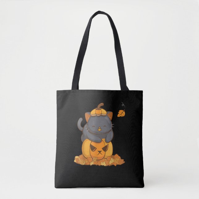 Halloween Black Cat auf Pumpkin mit Autumn Leaves Tasche (Vorderseite)