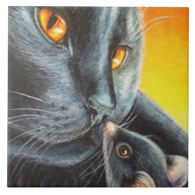 Halloween Black Cat & Black Mouse Wasserfarbe Fliese (Vorderseite)