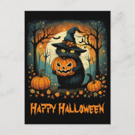 Halloween Black Cat Creepy Pumpkin Full Moon Postkarte