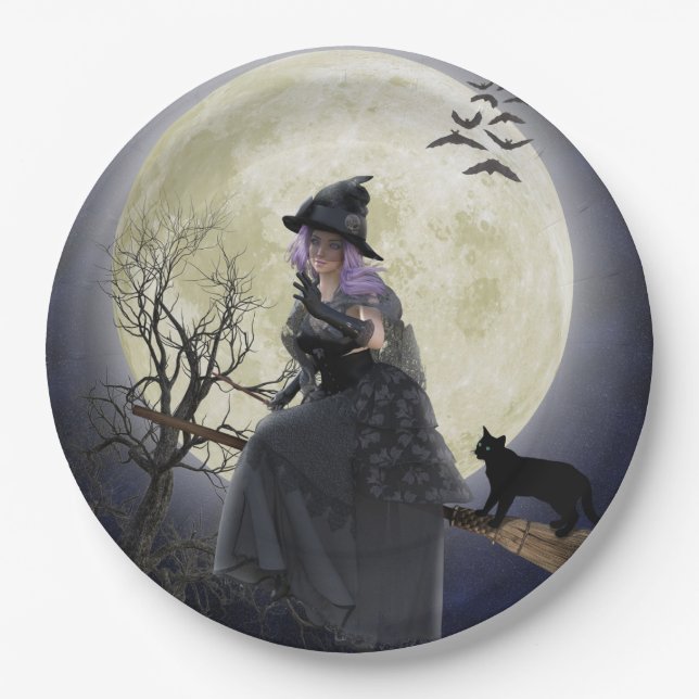 Halloween, Black Cat, Fledermäuse und Vollmond Pappteller (Vorderseite)