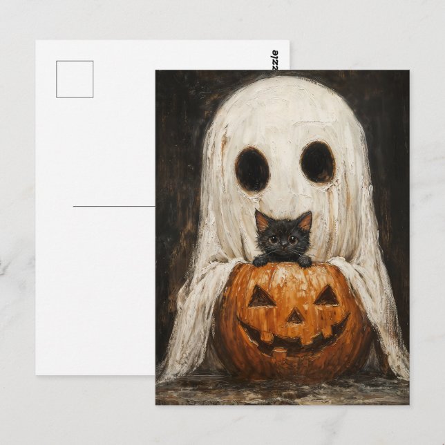 Halloween Black Cat & Ghost - Niedlich Spooky Postkarte (Vorne/Hinten)