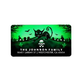 Halloween Black Cat Graveyard Green Address Label Adressaufkleber