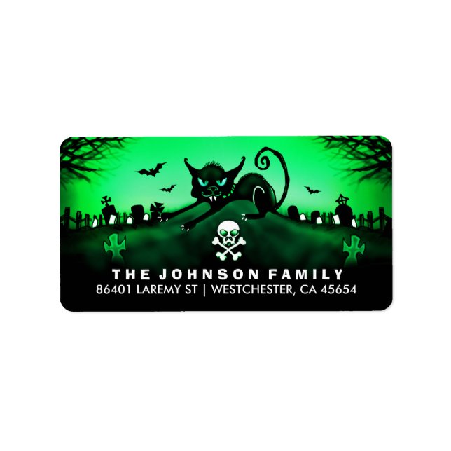 Halloween Black Cat Graveyard Green Address Label Adressaufkleber (Vorne)