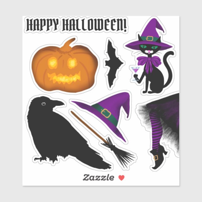 Halloween Black Cat Hexenhut Raven Pumpkin Broom Aufkleber (Blatt)