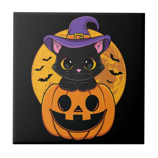Halloween Black Cat Hexenhutenkürbis für Kinder Gi Fliese (Vorderseite)