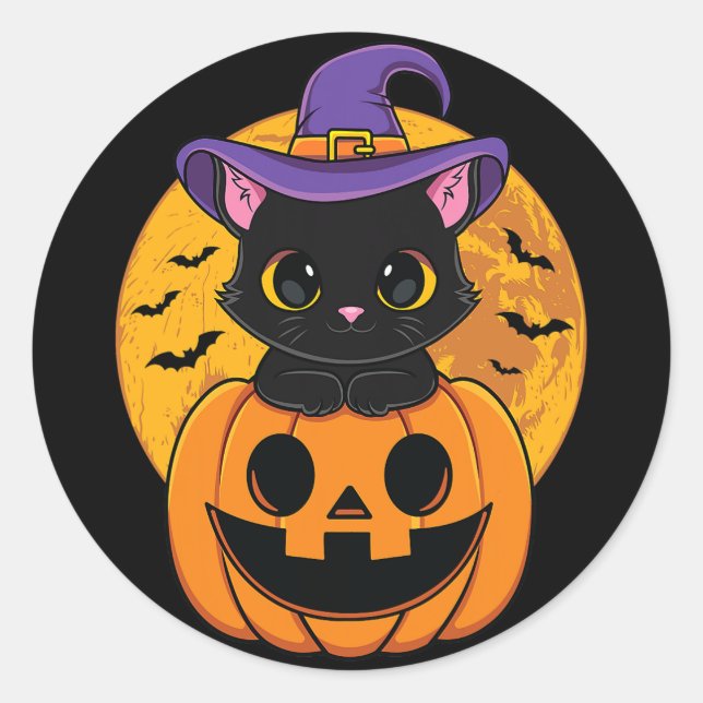 Halloween Black Cat Hexenhutenkürbis für Kinder Gi Runder Aufkleber (Vorderseite)