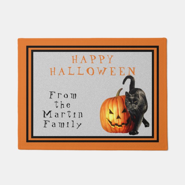 Halloween Black Cat & Jack O'Lantern Personalisier Fußmatte (Vorderseite)