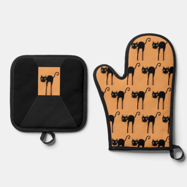 Halloween Black Cat Kitchen Decor Ofenhandschuh & Topflappen-Set (Vorderseite)