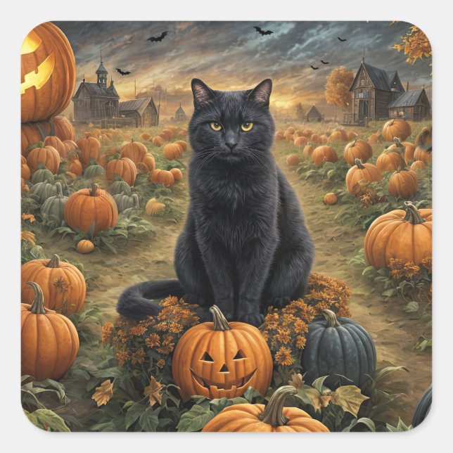Halloween Black Cat Kürbislaternen Quadratischer Aufkleber (Vorderseite)