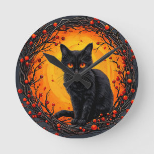 Halloween Black Cat mit leuchtenden Augen Runde Wanduhr