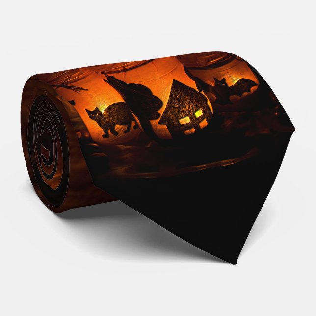 Halloween Black Cat mit Leuchtmitteln und Fledermä Krawatte (Gerollt)