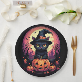 Halloween Black CAT mit Pumpkin und HexenhAT Pappteller