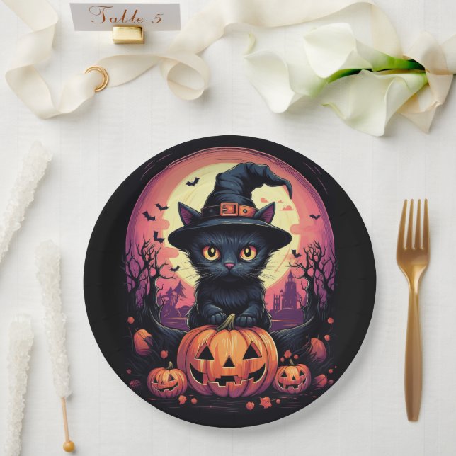 Halloween Black CAT mit Pumpkin und HexenhAT Pappteller (Hochzeit)