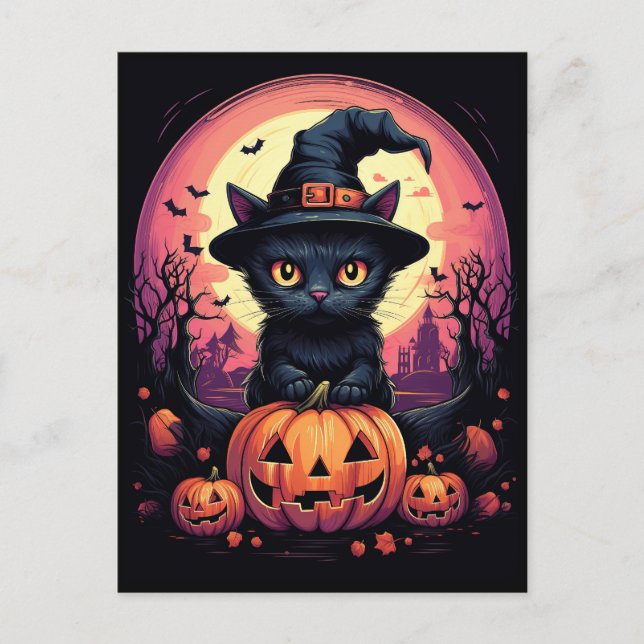 Halloween Black CAT mit Pumpkin und HexenhAT Postkarte (Vorderseite)