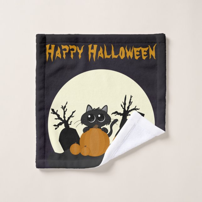 Halloween Black Cat mit Pumpkins auf dem Friedhof Waschlappen (Waschlappen)