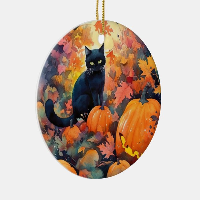 Halloween Black Cat mit Pumpkins Beängstigend Keramik Ornament (Rechts)