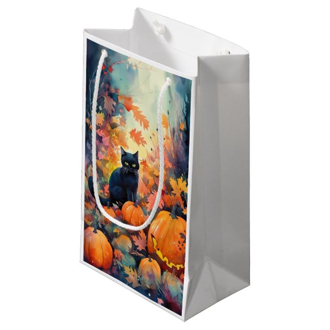 Halloween Black Cat mit Pumpkins Beängstigend Kleine Geschenktüte (Vorderseite Schrägansicht)