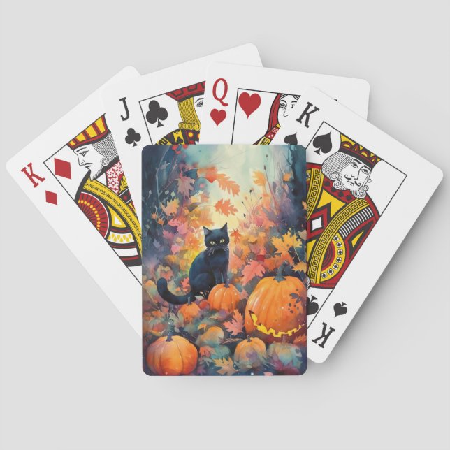 Halloween Black Cat mit Pumpkins Beängstigend Spielkarten (Rückseite)