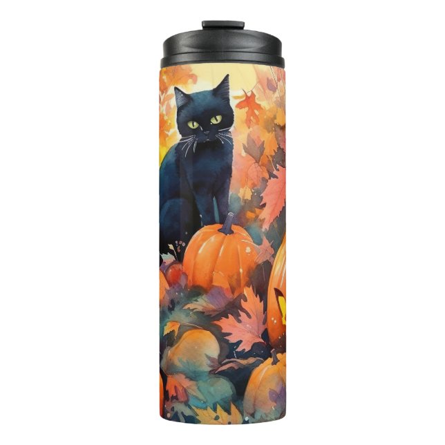 Halloween Black Cat mit Pumpkins Beängstigend Thermosbecher (Vorderseite)