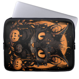 Halloween Black Cat mit Pumpkins und Mond Laptopschutzhülle