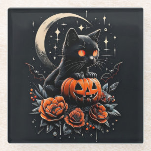 Halloween Black Cat, Moon & Pumpkin Glasuntersetzer