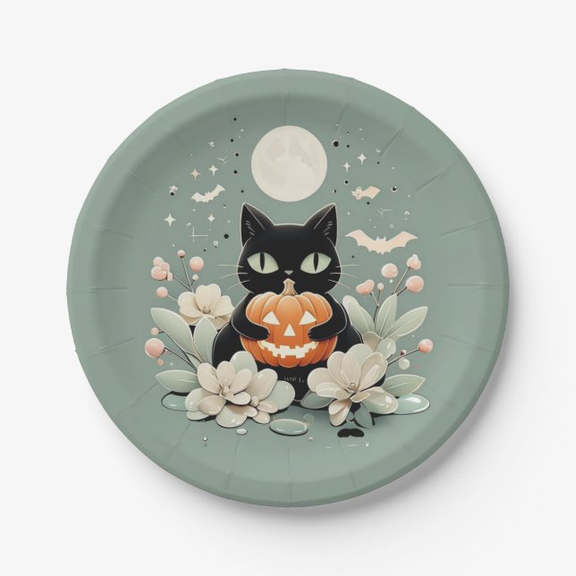 Halloween Black Cat, Moon & Pumpkin Pappteller (Vorderseite)