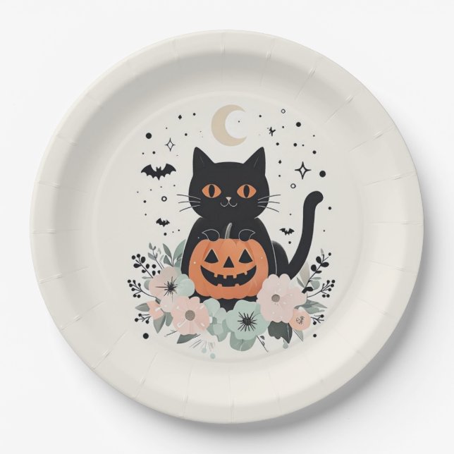 Halloween Black Cat, Moon & Pumpkin Pappteller (Vorderseite)