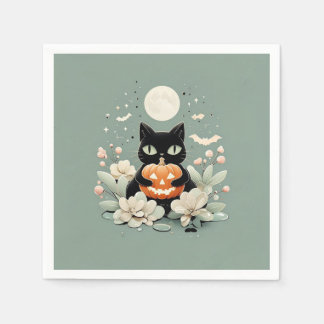Halloween Black Cat, Moon & Pumpkin Serviette