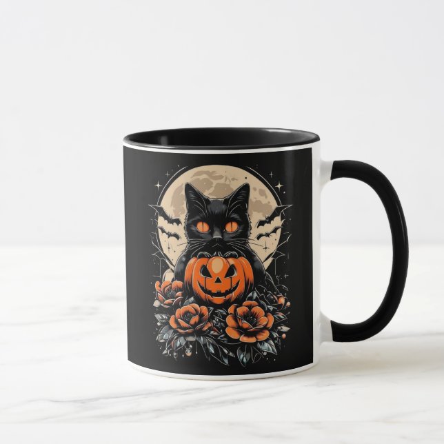 Halloween Black Cat, Moon & Pumpkin Tasse (Rechts)