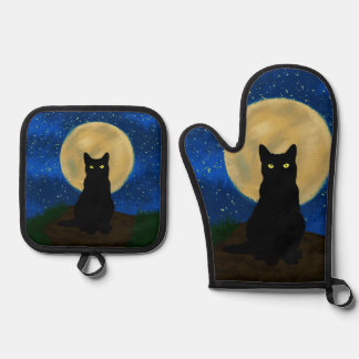 Halloween Black Cat Moonlit Silhouette  Ofenhandschuh & Topflappen-Set