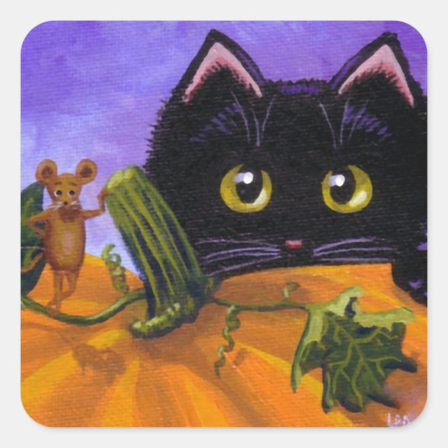 Halloween Black Cat Mouse Creationarts Quadratischer Aufkleber (Vorderseite)